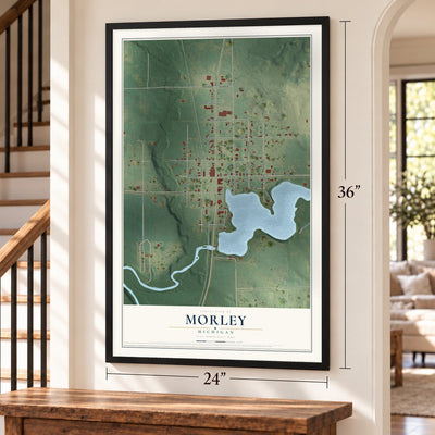 Morley, Michigan map, 24 x 36 inch print in a black frame by a staircase