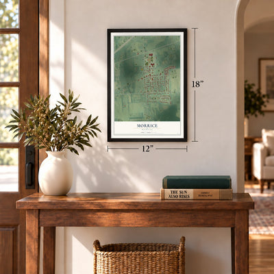 Morrice, Michigan map, 12 x 18 inch print in a black frame in an entryway