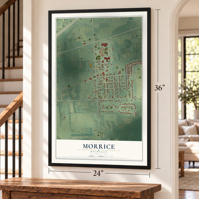 Morrice, Michigan map, 24 x 36 inch print in a black frame by a staircase