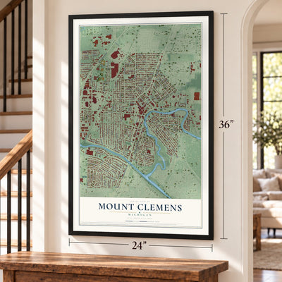 Mount Clemens, Michigan map, 24 x 36 inch print in a black frame by a staircase