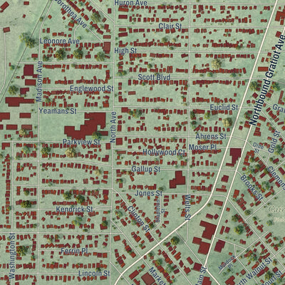 Close-up of the map of Mount Clemens, Michigan print showing street and building detail