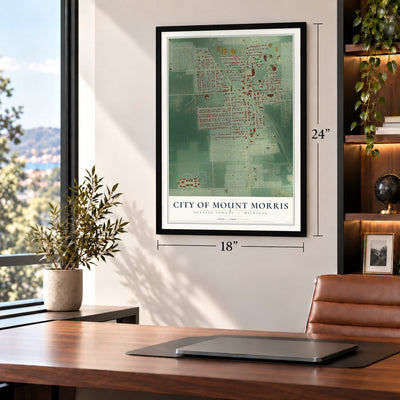 Mount Morris, Michigan map, 18 x 24 inch print in a black frame in a home office