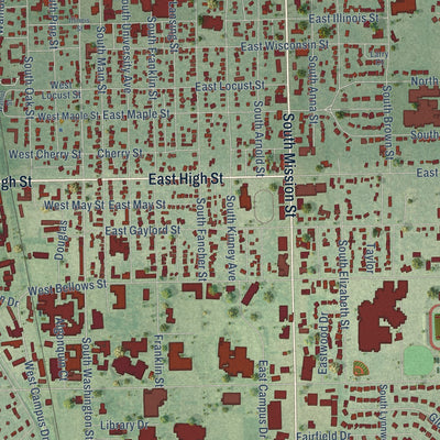 Close-up of the map of Mount Pleasant, Michigan print showing street and building detail