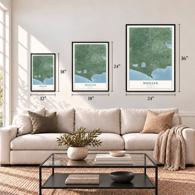 Mueller, Michigan map in 12 x 18, 18 x 24 and 24 x 36 inch sizes above a sofa