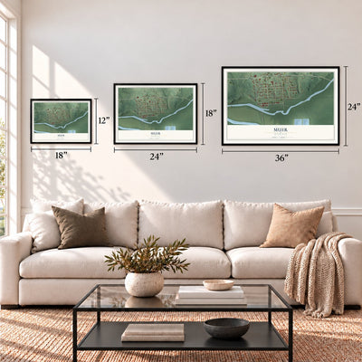 Muir, Michigan map in 12 x 18, 18 x 24 and 24 x 36 inch sizes above a sofa