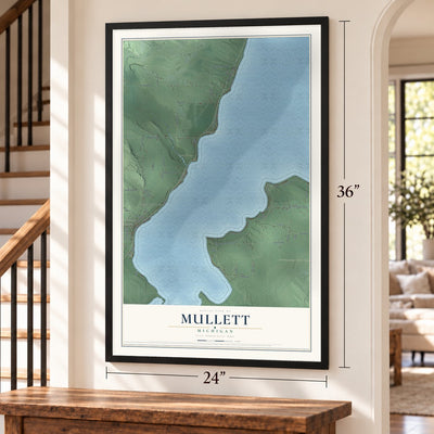 Mullett, Michigan map, 24 x 36 inch print in a black frame by a staircase