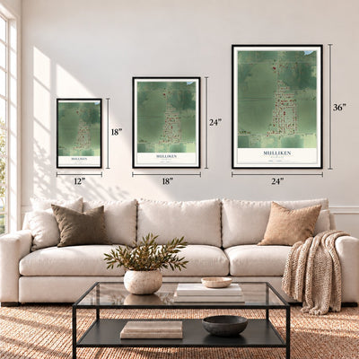 Mulliken, Michigan map in 12 x 18, 18 x 24 and 24 x 36 inch sizes above a sofa