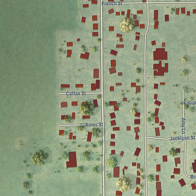 Close-up of the map of Mulliken, Michigan print showing street and building detail