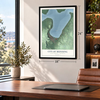 Munising, Michigan map, 18 x 24 inch print in a black frame in a home office