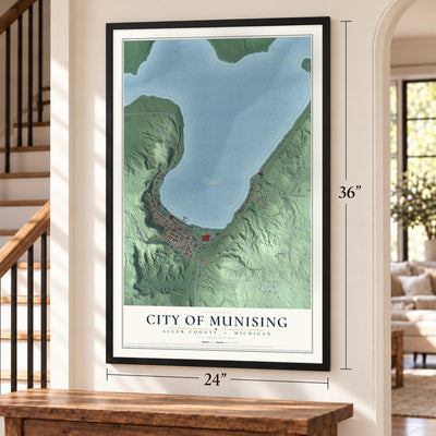 Munising, Michigan map, 24 x 36 inch print in a black frame by a staircase