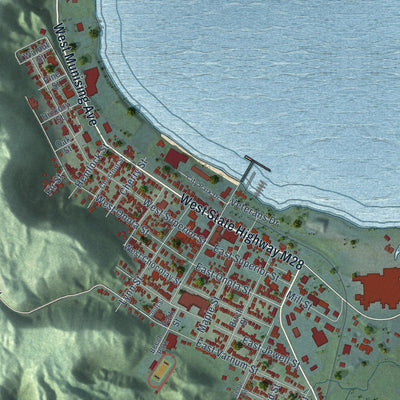 Close-up of the map of Munising, Michigan print showing street and building detail