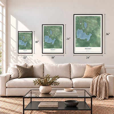 Munro, Michigan map in 12 x 18, 18 x 24 and 24 x 36 inch sizes above a sofa