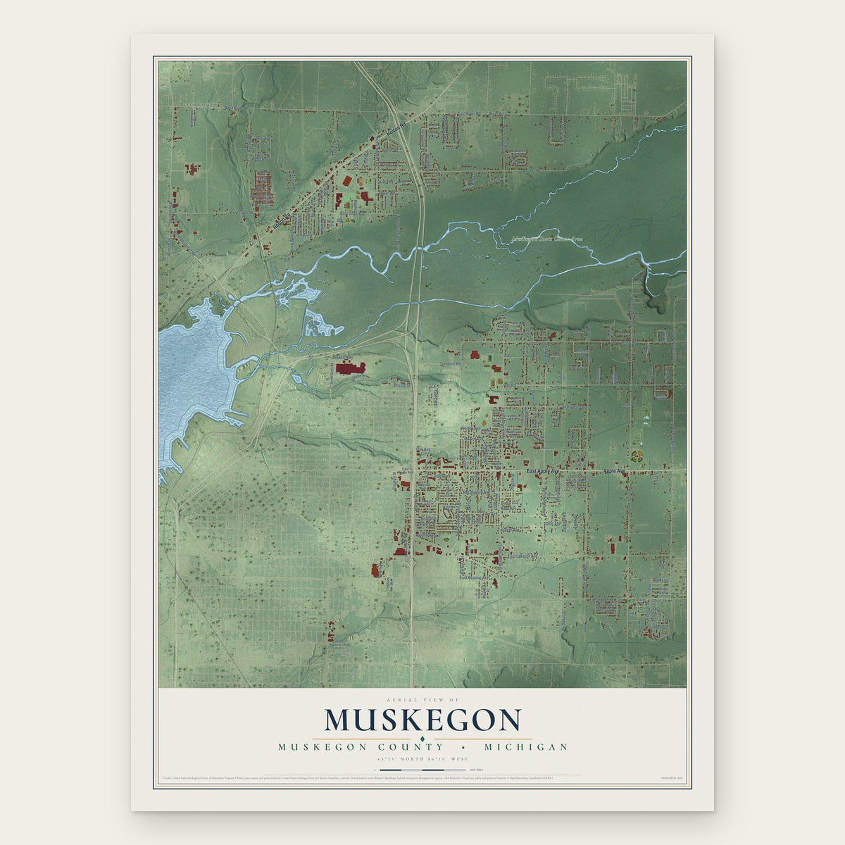 Muskegon, Muskegon County, Michigan map print, the full design