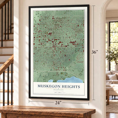 Muskegon Heights, Michigan map, 24 x 36 inch print in a black frame by a staircase