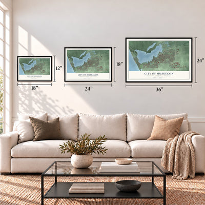 Muskegon, Michigan map in 12 x 18, 18 x 24 and 24 x 36 inch sizes above a sofa