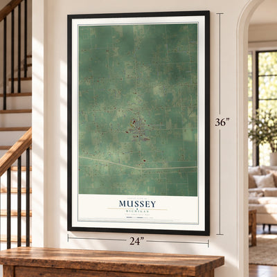 Mussey, Michigan map, 24 x 36 inch print in a black frame by a staircase