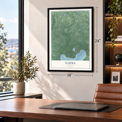 Nahma, Michigan map, 18 x 24 inch print in a black frame in a home office