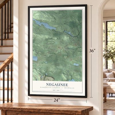 Negaunee, Marquette County, Michigan map, 24 x 36 inch print in a black frame by a staircase