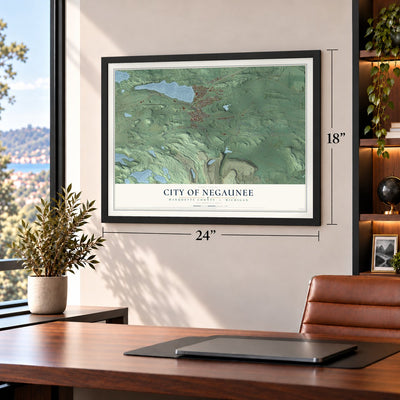 Negaunee, Michigan map, 18 x 24 inch print in a black frame in a home office