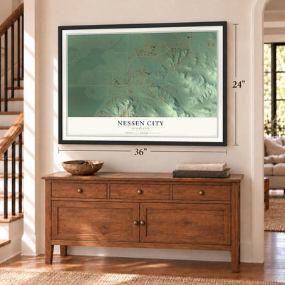 Nessen City, Michigan map, 24 x 36 inch print in a black frame above a dresser by a staircase