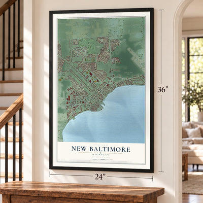 New Baltimore, Michigan map, 24 x 36 inch print in a black frame by a staircase