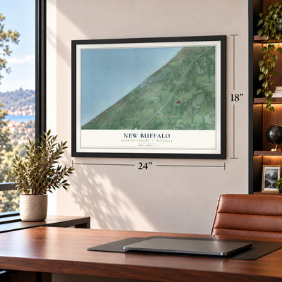 New Buffalo, Berrien County, Michigan map, 18 x 24 inch print in a black frame in a home office