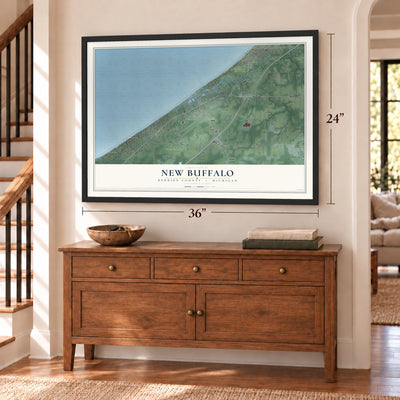 New Buffalo, Berrien County, Michigan map, 24 x 36 inch print in a black frame above a dresser by a staircase