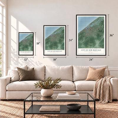 New Buffalo, Michigan map in 12 x 18, 18 x 24 and 24 x 36 inch sizes above a sofa