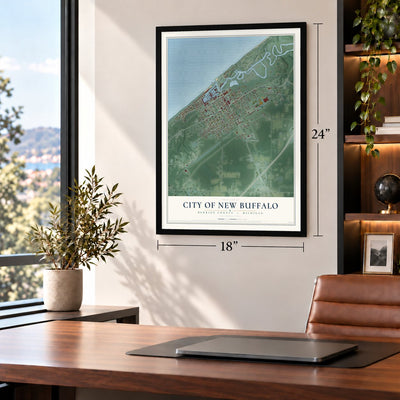 New Buffalo, Michigan map, 18 x 24 inch print in a black frame in a home office
