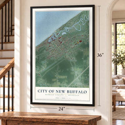 New Buffalo, Michigan map, 24 x 36 inch print in a black frame by a staircase