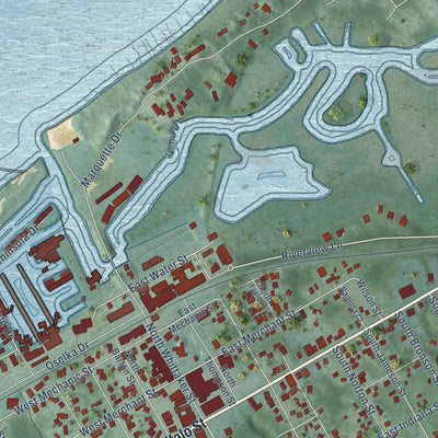 Close-up of the map of New Buffalo, Michigan print showing street and building detail