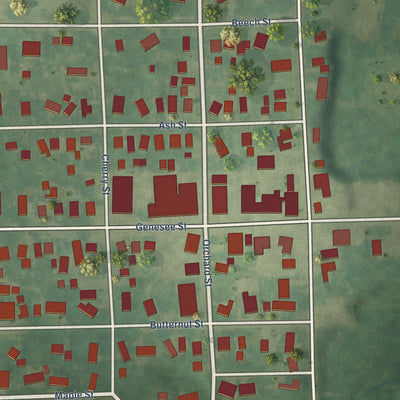 Close-up of the map of New Lothrop, Michigan print showing street and building detail