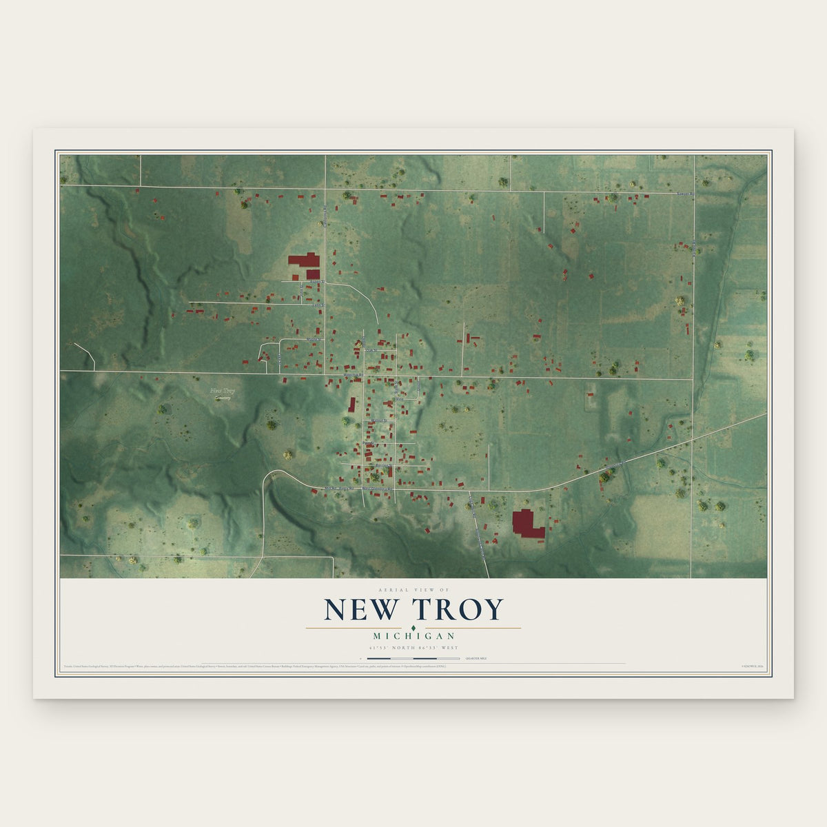 New Troy, Michigan map print, the full design