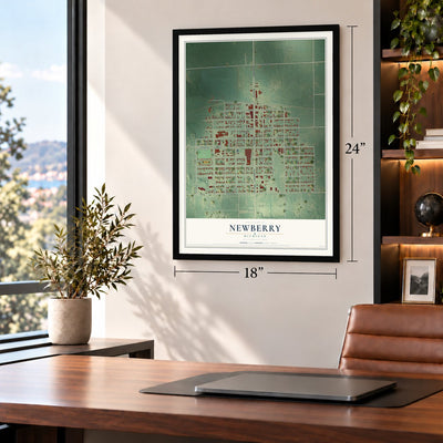 Newberry, Michigan map, 18 x 24 inch print in a black frame in a home office