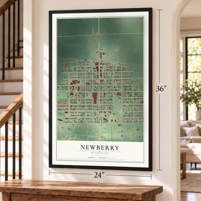Newberry, Michigan map, 24 x 36 inch print in a black frame by a staircase