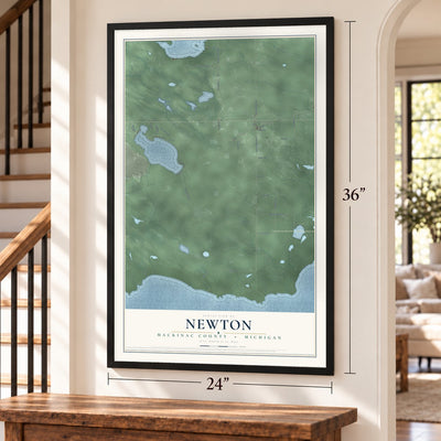 Newton, Mackinac County, Michigan map, 24 x 36 inch print in a black frame by a staircase