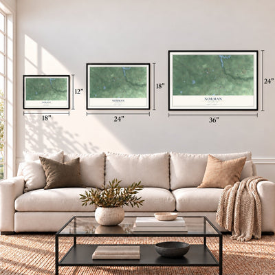 Norman, Michigan map in 12 x 18, 18 x 24 and 24 x 36 inch sizes above a sofa