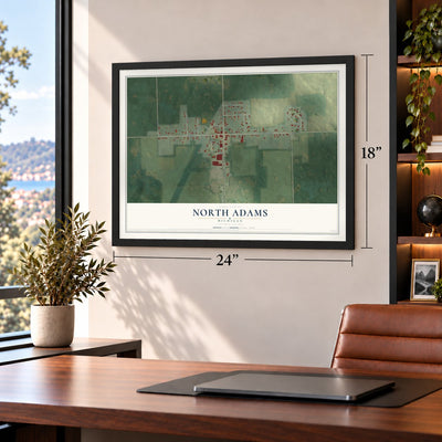 North Adams, Michigan map, 18 x 24 inch print in a black frame in a home office