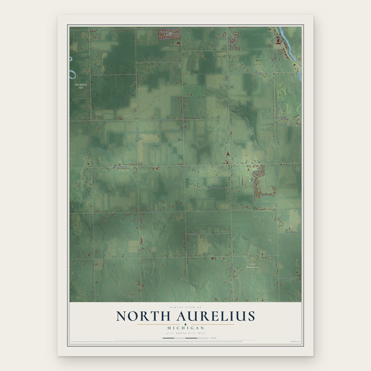 North Aurelius, Michigan map print, the full design