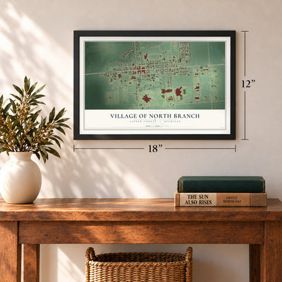 North Branch, Michigan map, 12 x 18 inch print in a black frame in an entryway