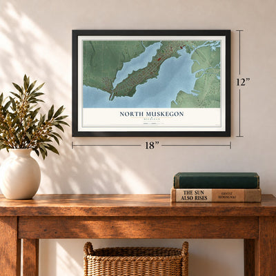 North Muskegon, Michigan map, 12 x 18 inch print in a black frame in an entryway