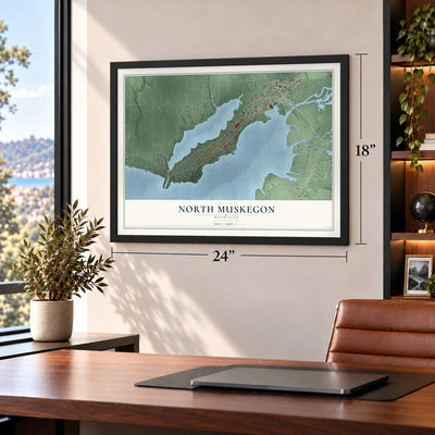 North Muskegon, Michigan map, 18 x 24 inch print in a black frame in a home office