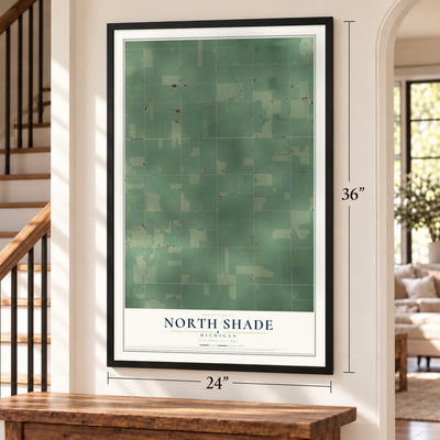 North Shade, Michigan map, 24 x 36 inch print in a black frame by a staircase