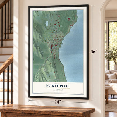 Northport, Michigan map, 24 x 36 inch print in a black frame by a staircase