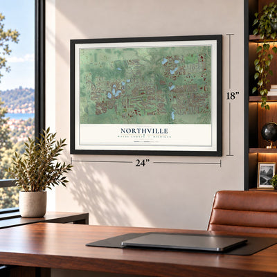 Northville, Wayne County, Michigan map, 18 x 24 inch print in a black frame in a home office