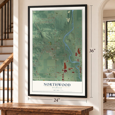 Northwood, Michigan map, 24 x 36 inch print in a black frame by a staircase