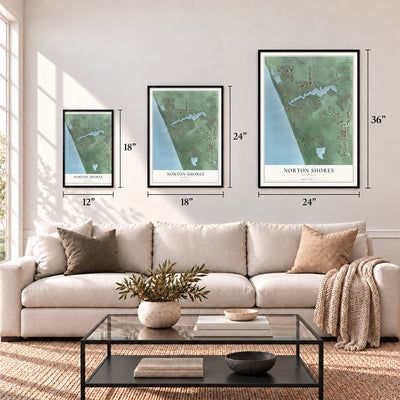 Norton Shores, Michigan map in 12 x 18, 18 x 24 and 24 x 36 inch sizes above a sofa