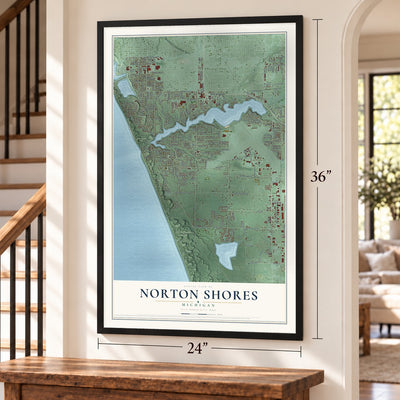 Norton Shores, Michigan map, 24 x 36 inch print in a black frame by a staircase