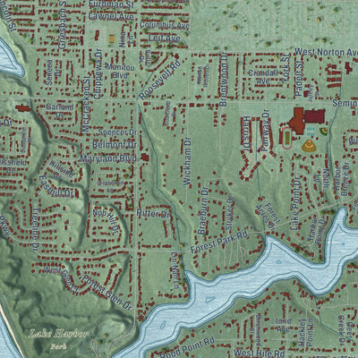 Close-up of the map of Norton Shores, Michigan print showing street and building detail