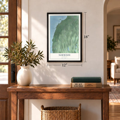 Norwood, Michigan map, 12 x 18 inch print in a black frame in an entryway